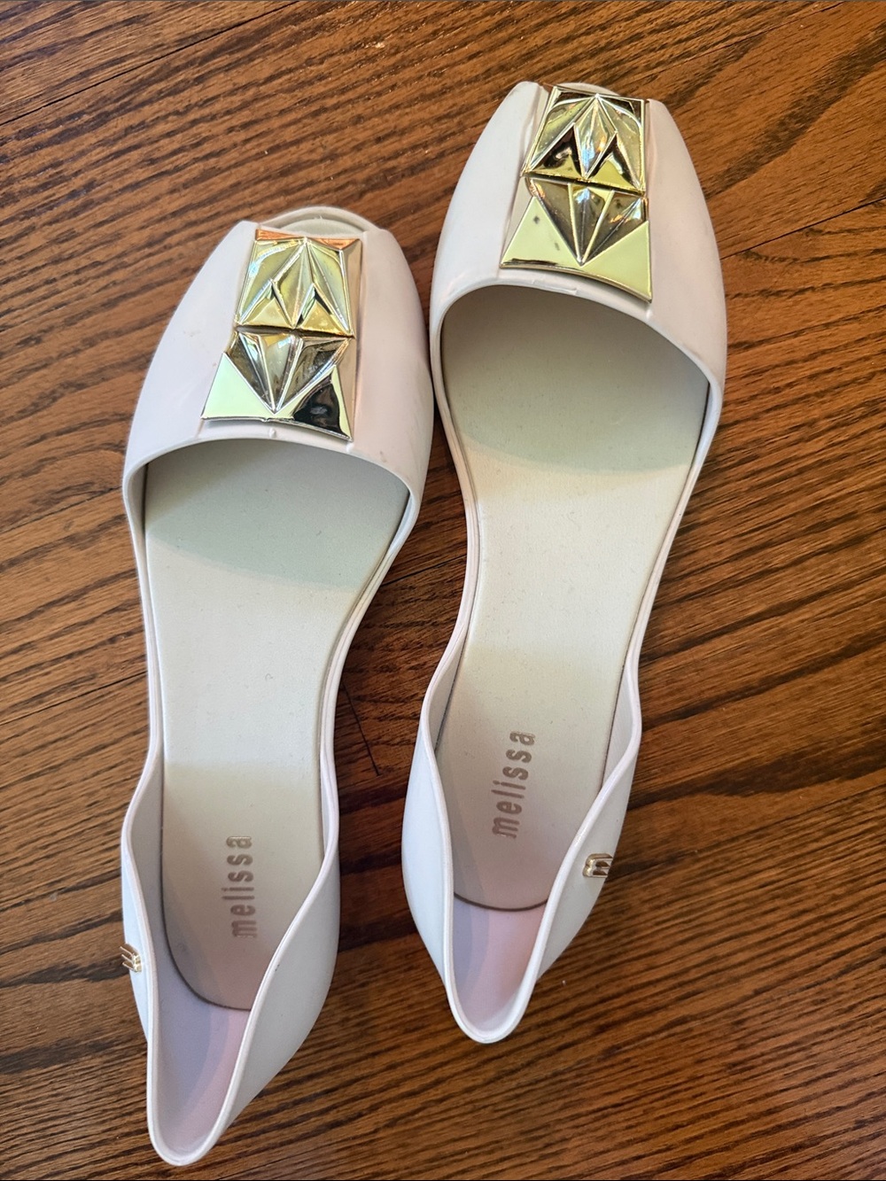 Melissa cream-White D'Orsay Flats with Gold Geometric Accent